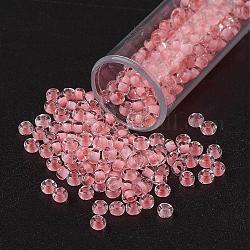 11/0 Grade A Round Glass Seed Beads, Transparent Inside Colours, Light Coral, 2.3x1.5mm, Hole: 1mm, about 48500pcs/pound