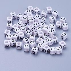 Perline acriliche con foro orizzontale, cubo, bianco, lettera c, misura:circa6mm larghezza, 6 mm di lunghezza, 6 mm di altezza, foro : about 3.2mm, circa 2600pcs/500g