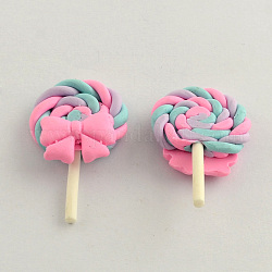 Handmade Polymer Clay Candy Cabochons, Lollipop with Bowknot, Pink, 38x24x8mm