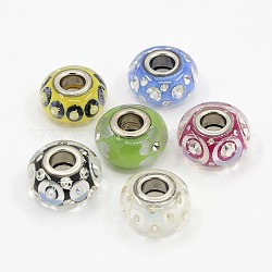Random Mixed Styles Grade A Polymer Clay Enamel European Beads, Large Hole Rondelle Beads, with Platinum Plated Brass Double Cores, Mixed Color, 16x9mm, Hole: 5mm