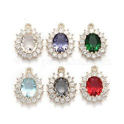 Transparent Faceted Glass Pendants, with Clear Rhinestone and Golden Tone Brass Open Back Settings, Oval, Mixed Color, 20x15x6mm, Hole: 1.4mm