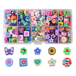 Handmade Polymer Clay Beads, Flower & Butterfly & Square, Mixed Color, 7.5~11x7.5~13.5x4~7mm, Hole: 1.5~2mm, 197pcs/box