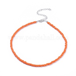 Glass Seed Beaded Necklaces, with Zinc Alloy Lobster Claw Clasps and Iron Twist Chains Extender, Orange, 14.9 inch(38cm)