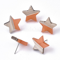Boucles d'oreilles en résine et bois transparentes, avec épingle en 304 acier inoxydable, étoiles du nord, corail, 17x18mm, pin: 0.7 mm
