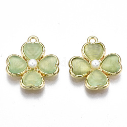 Rack Plating Alloy Pendants, with ABS Plastic Imitation Pearl and Cat Eye, Cadmium Free & Lead Free, Clover, Light Gold, Yellow Green, 19.5x17x4.5mm, Hole: 1.5mm
