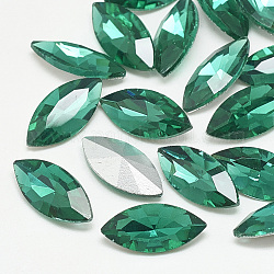 Cabochons en verre avec strass de dos avec point, dos plaqué, facette, oeil de cheval, med.emerald, 15x7x4mm