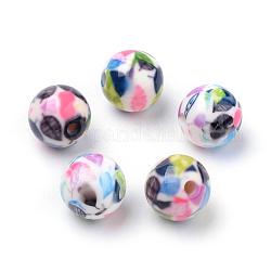 Perles acryliques imprimés opaques, ronde avec motif de feuille, colorées, 11.5~12x11mm, Trou: 2.5mm