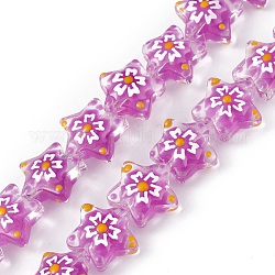 Hilos de abalorios de murano hechos a mano, con esmalte, estrella con patrón de sakura, orquídea, 13x13.5x12mm, agujero: 1 mm, aproximamente 33 pcs / cadena, 14.72 pulgada (37.4 cm)