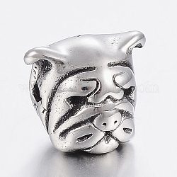 304 Stainless Steel Puppy Beads, Bulldog Head, Antique Silver, 11x12.5x10mm, Hole: 2mm