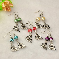 Stylish Glass Pearl Fish Dangle Earrings, with CCB Plastic Pendants, Tibetan Style Bead Caps and Brass Earring Hooks, Mixed Color, 55mm