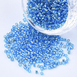 GlasZylinderförmigperlen, Perlen, Silber ausgekleidet, Rundloch, Verdeck blau, 1.5~2x1~2 mm, Bohrung: 0.8 mm, ca. 8000 Stk. / Beutel, ca. 85~95 g / Beutel