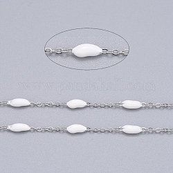 Handmade Enamel Beaded Chains, with Stainless Steel Curb Chains and Spool, Soldered, Stainless Steel Color, White, 1.5x1x0.1mm, about 32.8 Feet(10m)/roll