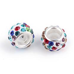 Fimo Perlen Strass europäischen, Großloch perlen, Rondell, mit versilberten Messingkernen, Farbig, 10~12x7~8 mm, Bohrung: 5 mm
