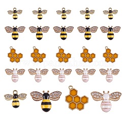 24pcs 4 pendentifs en émail en alliage de style, abeilles et nid d'abeille, platine et d'or, 13.5~21x17~24x1.5~4mm, 6 pièces / style