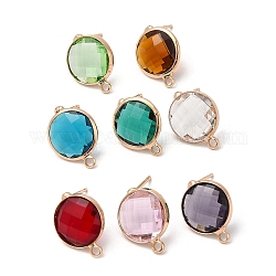 Brass Stud Earring Findings, with Glass and 304 Stainless Steel Pins & Horizontal Loops, Light Glod, Flat Round, Mixed Color, 16x13x4~4.5mm, Hole: 1.8mm, Pin: 0.8mm