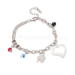 Round Evil Eye Lampwork & Heart & Clover Charm Bracelet with 304 Stainless Steel Chain for Women, Stainless Steel Color, 7 inch(17.8cm)