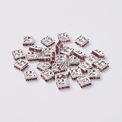 Perline distanziatori strass in ottone, grado a, colore argento placcato, quadrato, ametista chairo, 6x6x3mm, Foro: 1 mm