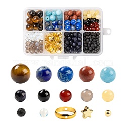 Kits de bijoux de planète de thème de système solaire de bricolage, 360pcs perles rondes en pierres précieuses naturelles et synthétiques, 94 pièces géométrie et étoiles en laiton perles, couleur mixte, perles de pierre gemme: 360pcs / box