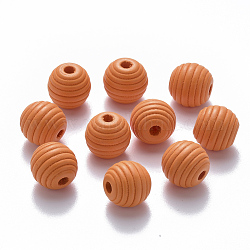 Painted Natural Wood Beehive Beads, Round, Orange, 12x11mm, Hole: 3.5mm