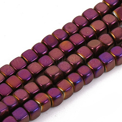 Electroplate Non-magnetic Synthetic Hematite Beads Strands, Cube, Purple Plated, 4x4x4mm, Hole: 2mm, about 105pcs/strand, 15.7 inch