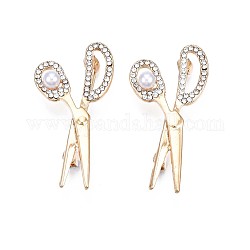 Crystal Rhinestone Scissor Lapel Pin with Plastic Pearl, Alloy Brooch for Backpack Clothes, Nickel Free & Lead Free, Light Golden, Creamy White, 23x45mm