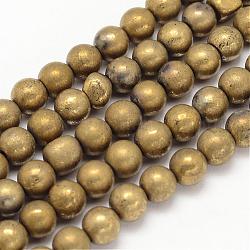 Electroplated Natural Pyrite Bead Strands, Round, Golden Plated, 6mm in diameter, Hole: 1mm, about 68pcs/strand, 17.5 inch