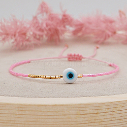 Verstellbares Lanmpword Böse Augen geflochtenes Perlenarmband, rosa, 11 Zoll (28 cm)