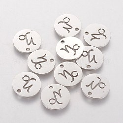 304 Stainless Steel Charms, Flat Round with Constellation/Zodiac Sign, Capricorn, 12x1mm, Hole: 1.5mm