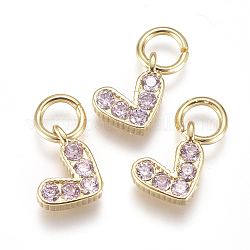 Brass Micro Pave Cubic Zirconia Charms, with Jump Ring, Long-Lasting Plated, Real 18K Gold Plated, Heart, Pink, 6x8x2mm, Hole: 3mm