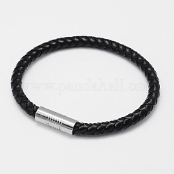 Bracelets en cuir tressé, avec fermoirs magnétiques en 304 acier inoxydable, noir, 200x6mm