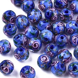 Handgemachte Glasperlen Goldsand, Innen Blume, Runde, Blau, 8x7~8 mm, Bohrung: 1.4 mm
