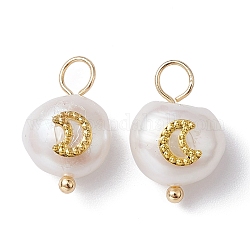 Ciondoli perla naturale, ciondoli di patate con fetta di ottone placcato oro, luna, 16~17x10~11x7~8mm, Foro: 3 mm