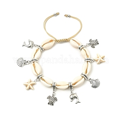 Bracelet à breloques en alliage de dauphin et de tortue et d'étoile de mer turquoise synthétique, bracelet réglable en coquillage naturel, floral blanc, diamètre intérieur: 2-1/8~3-3/8 pouce (5.5~8.5 cm)