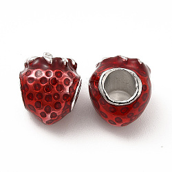 Crémaillère émail alliage placage perles européennes, Perles avec un grand trou   , fraise, rouge, 9.5x10.5x9mm, Trou: 4mm