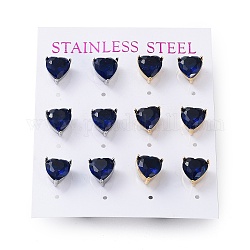 6 paio di orecchini a bottone con zirconi cubici a cuore di 2 colori, orecchini in acciaio inossidabile color oro e acciaio inossidabile 304, blu, 9x9mm, 3 paio / colore