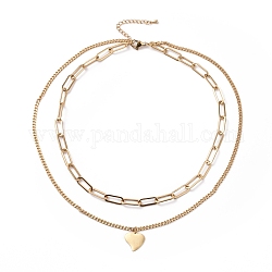 Chapado al vacío 304 collar de múltiples capas de cadenas dobles de acero inoxidable con dijes de corazón para mujeres, dorado, 16.34 pulgada (41.5 cm)