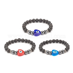 3 pièces 3 couleurs pierre de lave naturelle et ensemble de bracelets extensibles en hématite synthétique, coeur au chalumeau avec des bracelets de perles de mauvais œil pour les femmes, couleur mixte, diamètre intérieur: 2-1/8 pouce (5.4 cm), 1 pc / couleur