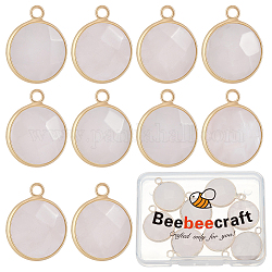Beebeecraft 10 Uds colgantes de cuarzo rosa natural, charms facetas redondas planas, con fornituras de latón de tono de oro, 21x18x6mm, agujero: 2 mm