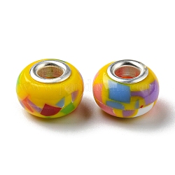 Bohemian Style Resin European Beads, Large Hole Beads, Rondelle, Platinum Color Core, Yellow, 14x9.5mm, Hole: 4.8mm