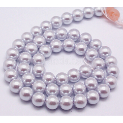 Fili di perle rotonde di perle di vetro tinto ecologico, cavetto in cotone filettato, lavanda, 8mm, Foro: 0.7~1.1 mm, circa 52pcs/filo, 15 pollice