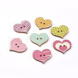 2 отверстия печатных деревянные кнопки, сердце, разноцветные, 23x25.5x2.5 мм, отверстие : 1.5 мм