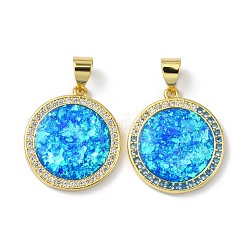 Brass Micro Pave Cubic Zirconia Pendants, with Synthetic Opal, Flat Round, Real 18K Gold Plated, 19x17x3mm, Hole: 5x4mm