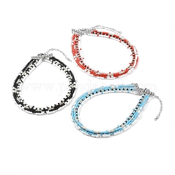 Round Seed Beads Multi-strand Necklaces, Multi Layered Necklaces, with Alloy Chandelier Links, Antique Silver, Mixed Color, 13.58 inch(34.5cm)