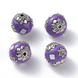 Perles Indonésiennes manuelles, avec les accessoires en alliage, ronde, support violet, 13~14mm, Trou: 1.5~2mm