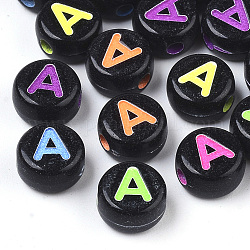 Abalorios de acrílico negro opaco, agujero horizontal, Plano redondo con letra de color mixto, letter.a, 7x4mm, agujero: 1.6 mm