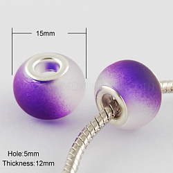 Two Tone Glass European Beads, with Silver Plated Brass Double Cores, Large Hole Beads, Rubberized Style, Rondelle, Dark Violet, 15x12mm, Hole: 5mm