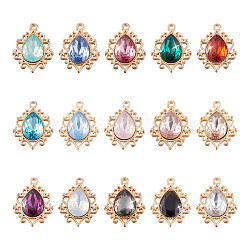 Kissitty 30Pcs 15 Colors Resin Rhinestone Pendants, with Light Gold Alloy Findings, Teardrop, Mixed Color, 24.5x19x5mm, Hole: 2mm, 2pcs/color