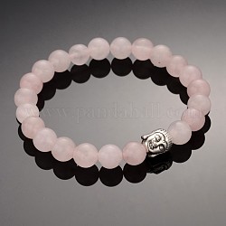 Pierres précieuses bouddhiste bracelets perles extensibles, avec des perles de Bouddha en alliage de style tibétain, quartz rose, 2-3/8 pouce (5.9 cm)