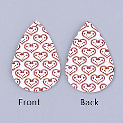 PU Leather Big Pendants, teardrop, with Heart Pattern, For Valentine's Day Jewelry Making, Floral White, 56x37x1.5mm, Hole: 1.2mm