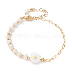 Beaded Bracelets, with Soldered Brass Paperclip & Curb Chains, Natural Freshwater Pearl & Pearl Shell Beads, Brass Crimp Beads Covers, 304 Stainless Steel Lobster Claw Clasps,  Flower, Golden, 7-1/2 inch(19cm)